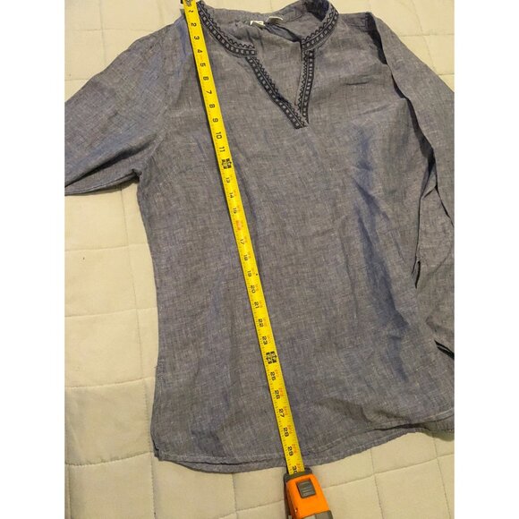 Artisan NY 1X 100% Linen Tunic Top Blue Long Sleeve Embroidered Boho Peasant Blo - Picture 4 of 13